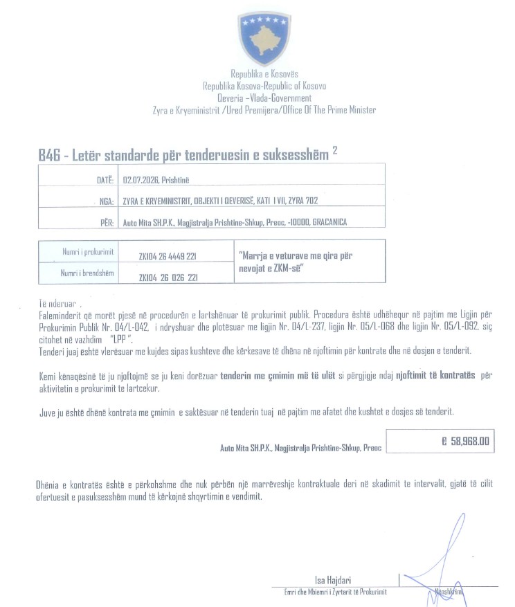 Njoftimi për fituesin e tenderit, kompaninë Auto Mita Sh.p.k.